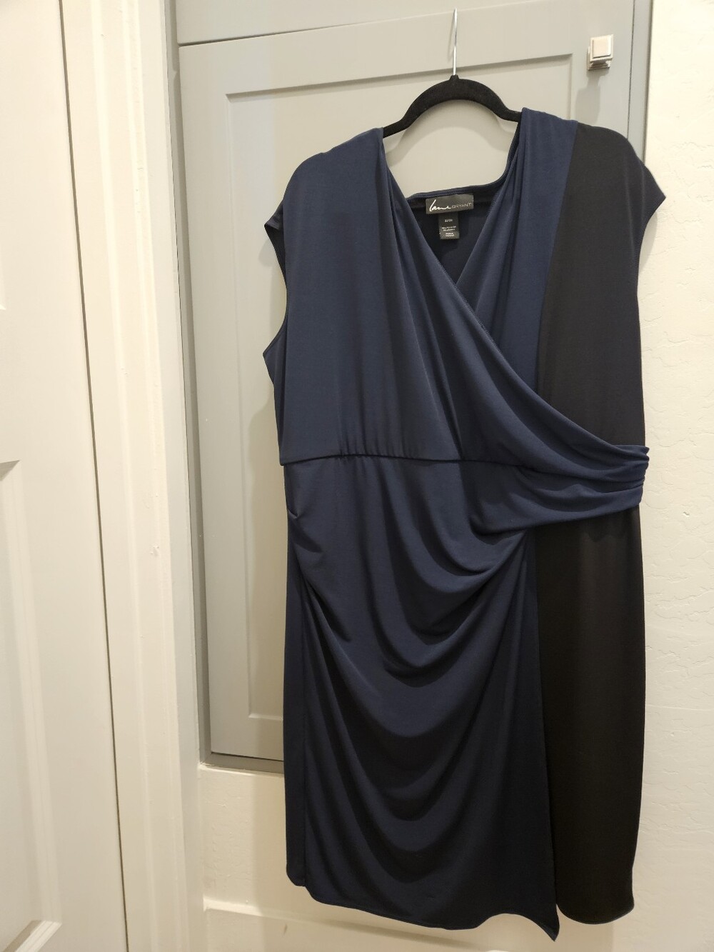 Navy and Black Draped Faux-Wrap Dress